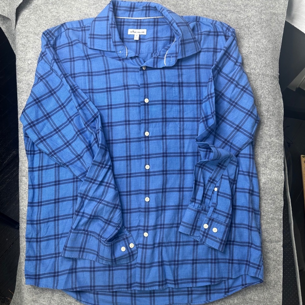 Peter Millar‎ Mens Blue Plaid Cotton Button Down Shirt MF21W19USL XL